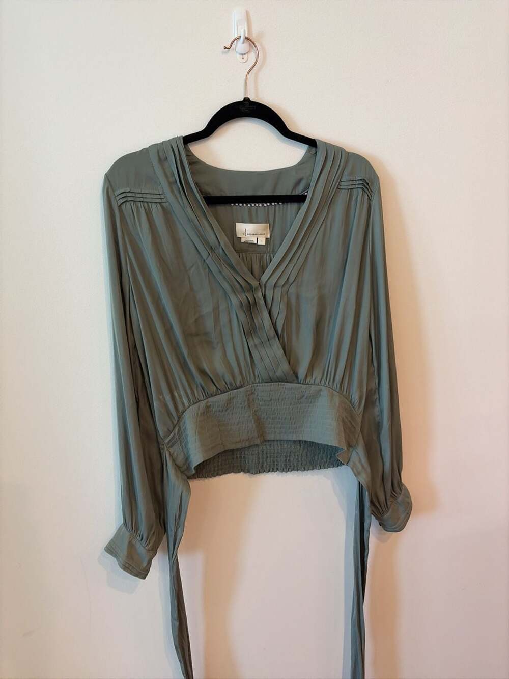 By Anthropologie Long Sleeve Pleated V-Neck Tie-Front Blouse in Moss Green
